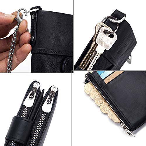 TEUEN Cartera Hombre Cuero Pequeña Billetera Cremallera para Hombre con Monedero Muchos Compartimentos, RFID Bloqueo Carteras Piel Bolsillo Hombre con Cadena 16 Ranuras para Tarjetas (Negro)