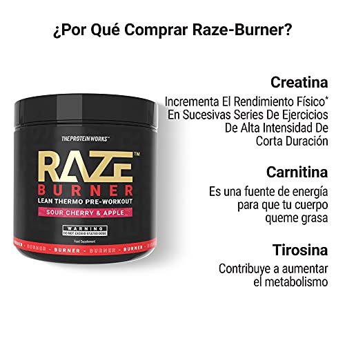 THE PROTEIN WORKS Raze Burner Pre Workout Powder | Termogénico | Cafeína, Carnitina Y Tirosina | | 30 Raciones, Cereza Ácida Y Manzana, 300 g