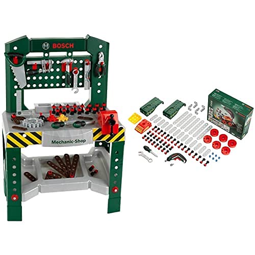 Theo Klein Banco De Trabajo De 77 Piezas Bosch, con Destornillador, Medidas: 57 Cm X 35 Cm X 86 Cm + 8497 Set De Construcción Multi Tech con Ixolino Bosch, Juguete para Niños A Partir De 3 Años