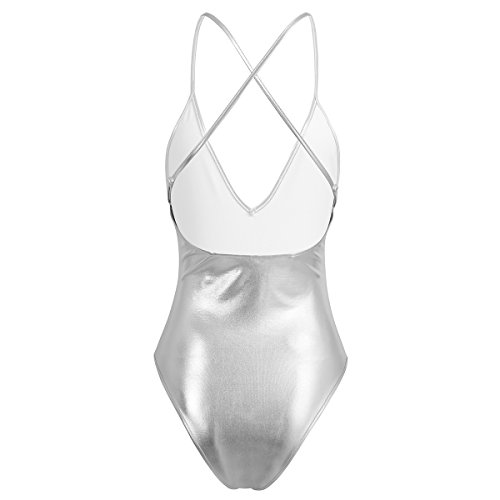 TiaoBug Monokini Bodycon Leotardo Mujer para Ballet Danza Bikini Bodies de Baño Cuello En V Profundo Sexy Plateado M