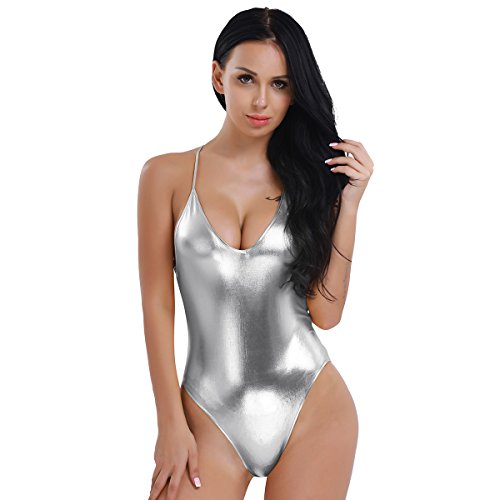 TiaoBug Monokini Bodycon Leotardo Mujer para Ballet Danza Bikini Bodies de Baño Cuello En V Profundo Sexy Plateado M