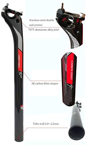 Tija de sillín YSHUAI MTB 27,2 mm 30,8 mm 31,6 mm 3K Ultraligera Ajustable 400mm Abrazadera de Tija de Sillín Trekking para MTB Bicicleta de Carretera, 27.2 * 350mm