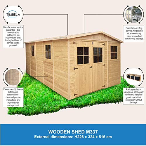 TIMBELA Cobertizo de Madera para jardín - 324x516cm/15m2 Cobertizo de Madera Natural - Taller de Jardín - Bicicleta, Almacenamiento de Herramientas M337