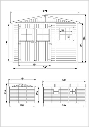 TIMBELA Cobertizo de Madera para jardín - 324x516cm/15m2 Cobertizo de Madera Natural - Taller de Jardín - Bicicleta, Almacenamiento de Herramientas M337