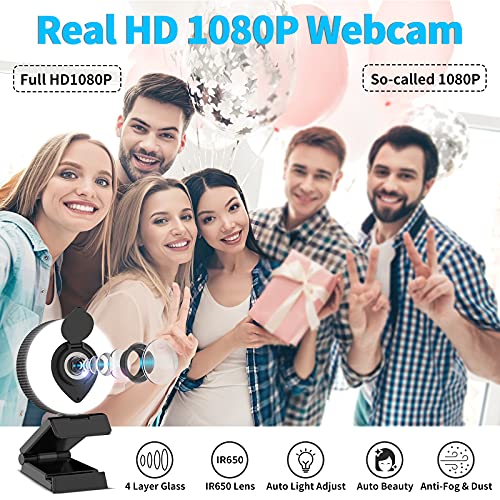 Tisoutec Webcam y trípode,Full HD 1080P 110°Campo de visión USB Camara con Microfono, Ringlicht，Panel de Cubierta por Zoom/Skype/Facetime/Teams,PC Mac Laptop Desktop