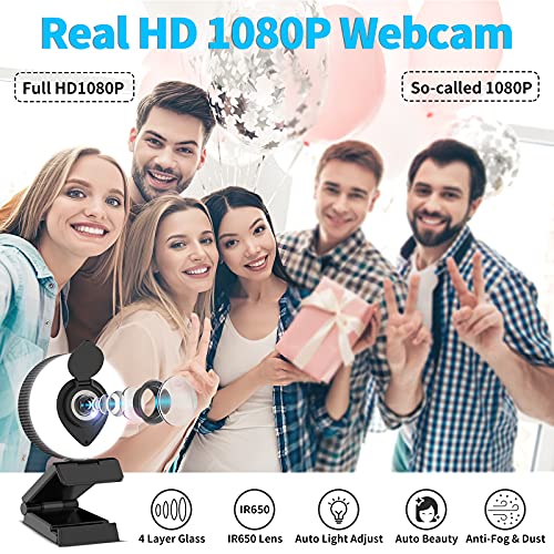 Tisoutec Webcam y trípode,Full HD 1080P 110°Campo de visión USB Camara con Microfono, Ringlicht，Panel de Cubierta por Zoom/Skype/Facetime/Teams,PC Mac Laptop Desktop