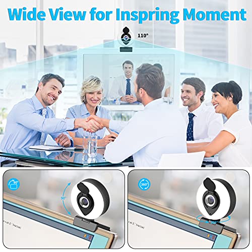 Tisoutec Webcam y trípode,Full HD 1080P 110°Campo de visión USB Camara con Microfono, Ringlicht，Panel de Cubierta por Zoom/Skype/Facetime/Teams,PC Mac Laptop Desktop