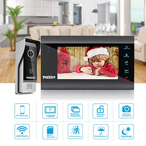 TMEZON Videoportero Wifi Sistema de intercomunicación,Monitor 1080P 7 zoll y timbre con cable para 1 familia, tecnología de 4 cables,Desbloqueo Remoto,visión Nocturna, instantánea/grabación,Tuya Smart