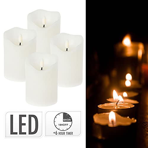 ToCi Juego de velas LED blancas con 4 velas de cera auténtica sin llama con mecha negra y temporizador, color blanco, diámetro 7,5 x 12,5 cm