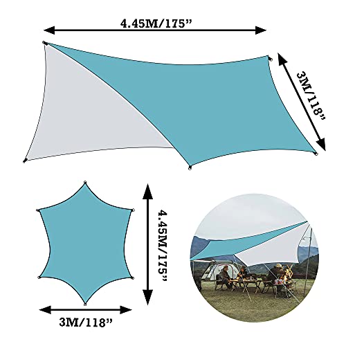 Toldo Camping Impermeable, 3x4.45M Ripstop Rain Tarp Beach Tent de Tela Oxford Impermeable de 2000 mm Hamaca Tienda de Campaña con Accesorios Protector Aolar Anti-Viento para Acampar Senderismo,Azul