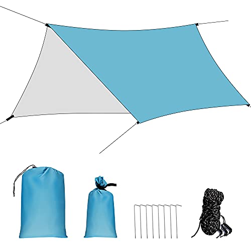 Toldo Camping Impermeable, 3x4.45M Ripstop Rain Tarp Beach Tent de Tela Oxford Impermeable de 2000 mm Hamaca Tienda de Campaña con Accesorios Protector Aolar Anti-Viento para Acampar Senderismo,Azul