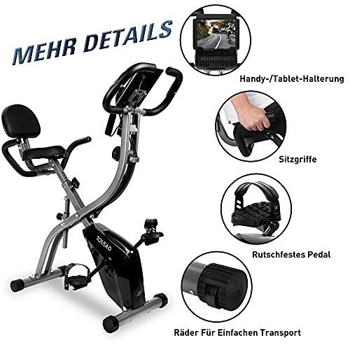 TOLEAD Bicicleta EstáTica Para Ejercicios Plegable De Forma X Con Pantalla LCD, Respaldo, Niveles De Resistencia De Magnética Ajustables y Sensores De Pulso De Mano (Gris)