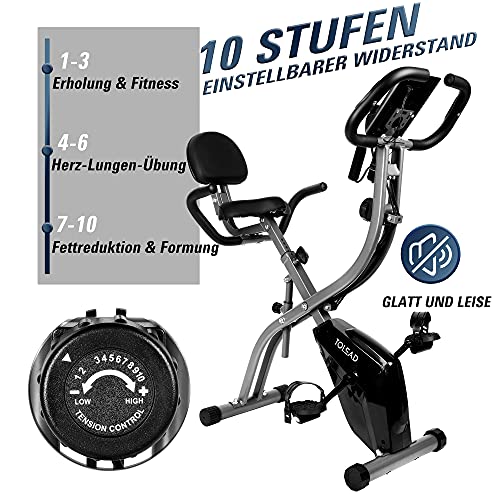 TOLEAD Bicicleta EstáTica Para Ejercicios Plegable De Forma X Con Pantalla LCD, Respaldo, Niveles De Resistencia De Magnética Ajustables y Sensores De Pulso De Mano (Gris)