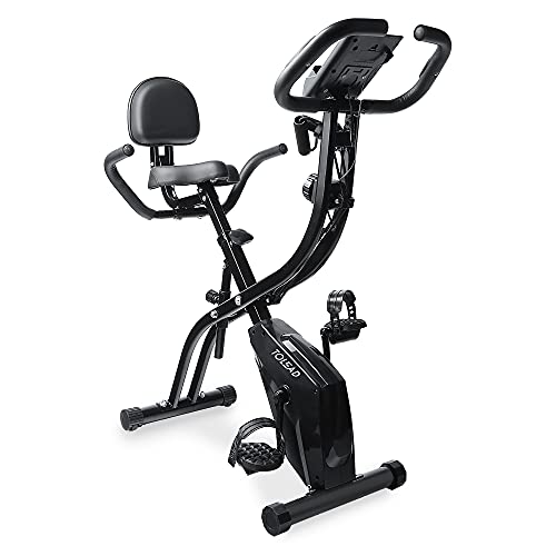 TOLEAD Bicicleta EstáTica Para Ejercicios Plegable De Forma X Con Pantalla LCD, Respaldo, Niveles De Resistencia De Magnética Ajustables y Sensores De Pulso De Mano (Negro)