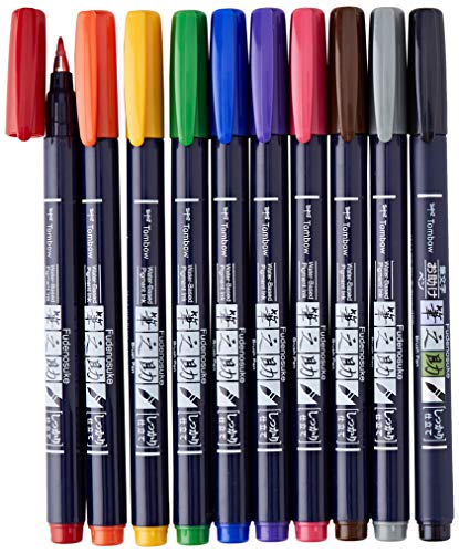 Tombow WS-BH-10P - Rotulador (Fino/Medio, 10 Colores, Negro, Azul, Verde, Gris, Naranja, Rosa, Amarillo, Bullet tip & Brush tip, Multicolor, Alrededor)