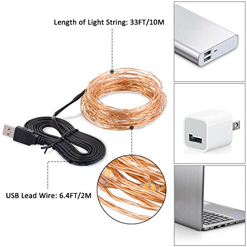 TOPLUS Cadena de luces LED Blanco Cálido, 10m 100 Leds, IP65 Impermeable, Alambre de Cobre para Decoración, Conexión USB, 5V