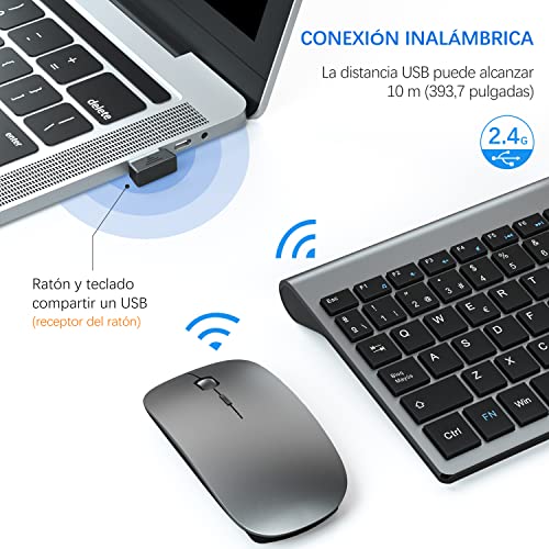 TopMate Pack Teclado y Mouse Inalámbricos Ultra Delgado, 2.4G USB Compacto Silencioso Kit Ratón y Teclado Español con Cubierta, Baterías 2AA y 2 AAA, para PC/Portatil/Windows/Mac - Gris Negro