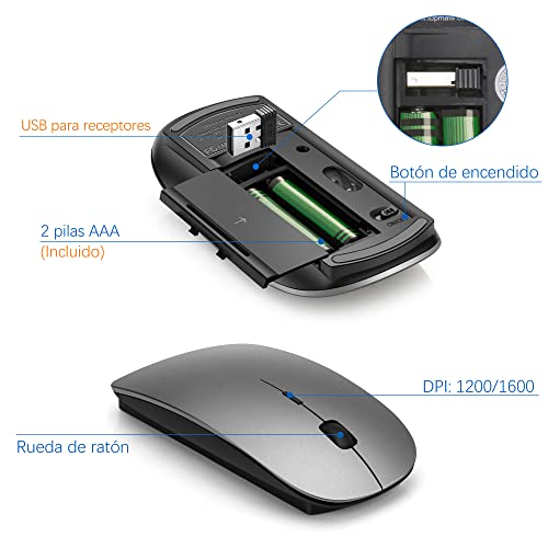 TopMate Pack Teclado y Mouse Inalámbricos Ultra Delgado, 2.4G USB Compacto Silencioso Kit Ratón y Teclado Español con Cubierta, Baterías 2AA y 2 AAA, para PC/Portatil/Windows/Mac - Gris Negro