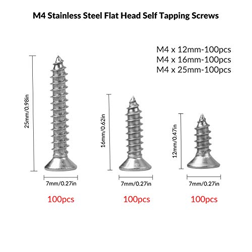 Tornillo autorroscante de acero inoxidable M4 de 300 piezas, tornillo de cabeza plana cruzada, kit de clasificación de tornillos autorroscantes de12 mm16mm25 mm, grupo de tornillos para carpintería