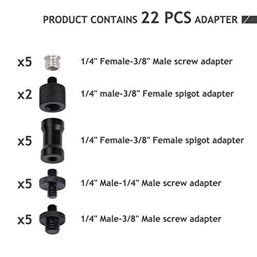 Tornillo Camara Adaptador 1/4 a 3/8 Kit Rosca Tripode Convertidor, 22 Piezas de negro Tornillos Convertidores Adaptadores Pulgada de Metal para Cámara, Trípode, Rig de Hombro, Soporte de Luz