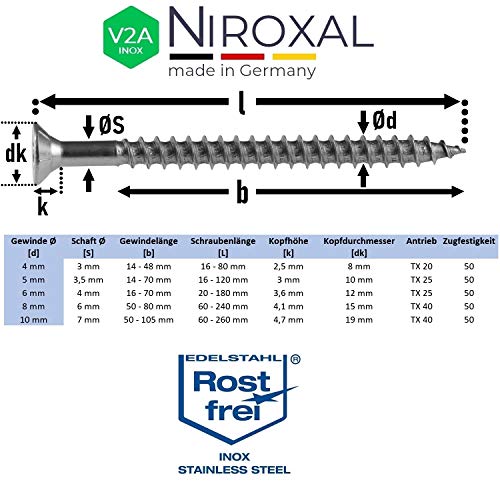 Tornillo de cabeza avellanada TORX de acero inoxidable fabricado en V2A 5-mm de espesor 45-mm de longitud del tornillo 100 piezas Rosca parcial de 30-mm Tornillo para madera 5x45 A2