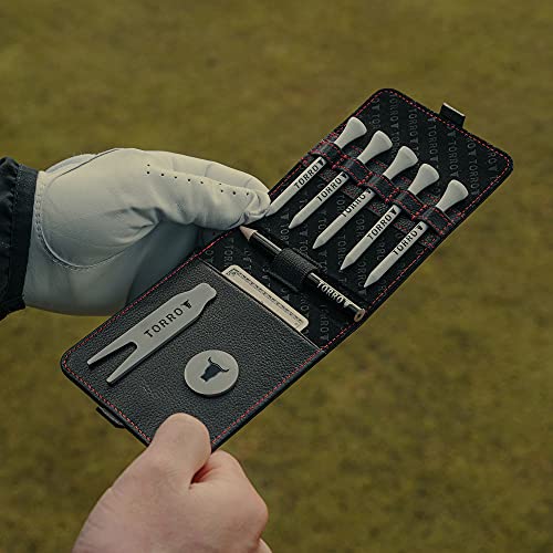 TORRO Juego de Accesorios para Golf de Cuero Genuino – Incluye [5 x 70mm Tees de Bambú] [Lapiz] [Tenedor de Reparación y Marcador de Bola de Metal Cepillado] (Negro)