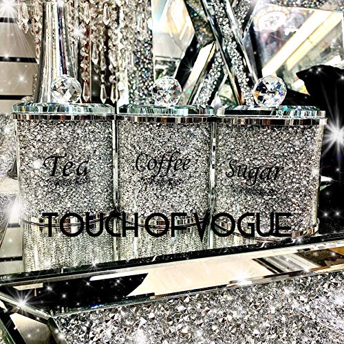 Touch of Vogue® - Tarros de almacenamiento para té, café y azúcar, 15 cm, tarros de almacenamiento rellenos de cristal con bordes plateados