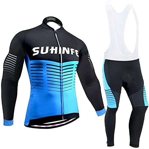 Traje Ciclismo Hombre Invierno, Maillot Ciclismo Manga Larga con vellón Térmico y Pantalón de Ciclismo Acolchado Grueso para Bicicleta, Azul, 2XL