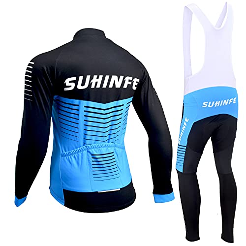 Traje Ciclismo Hombre Invierno, Maillot Ciclismo Manga Larga con vellón Térmico y Pantalón de Ciclismo Acolchado Grueso para Bicicleta, Azul, L