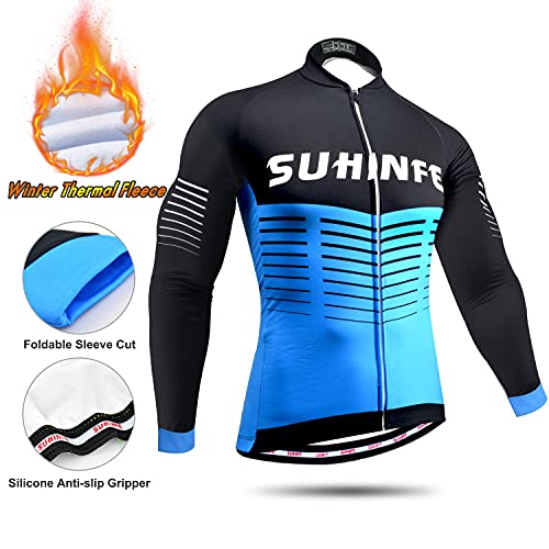 Traje Ciclismo Hombre Invierno, Maillot Ciclismo Manga Larga con vellón Térmico y Pantalón de Ciclismo Acolchado Grueso para Bicicleta, Azul, L