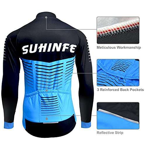 Traje Ciclismo Hombre Invierno, Maillot Ciclismo Manga Larga con vellón Térmico y Pantalón de Ciclismo Acolchado Grueso para Bicicleta, Azul, L