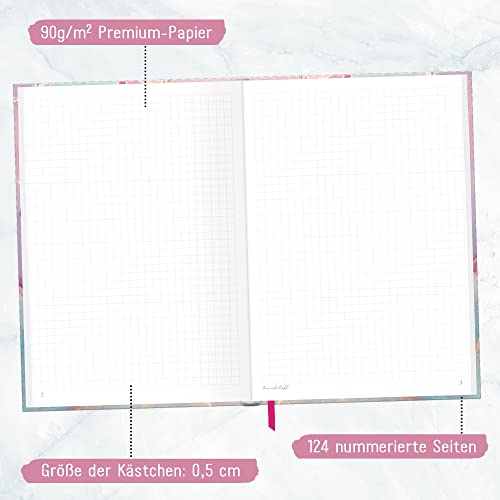 Trendstuff by Häfft - Cuaderno (A5, cuadriculado, 124 páginas, 62 hojas, ideal como diario, libro de ideas, cuaderno de escritura, climáticamente neutro, sostenible