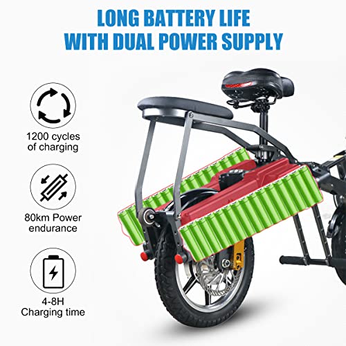 Triciclo eléctrico para adultos, plegable, tres ruedas, bicicleta eléctrica de montaña, batería de litio doble, tres modos de velocidad (negro)
