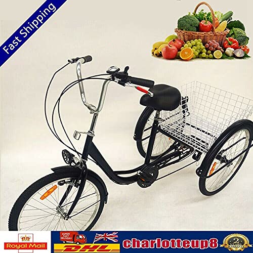 Triciclo para adultos de 24 pulgadas a 6 velocidades, bicicleta de pedal de 3 ruedas con cesta de gran capacidad y luz, para compras al aire libre, deportes de picnic (negro)