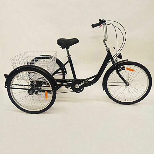 Triciclo para adultos de 24 pulgadas a 6 velocidades, bicicleta de pedal de 3 ruedas con cesta de gran capacidad y luz, para compras al aire libre, deportes de picnic (negro)
