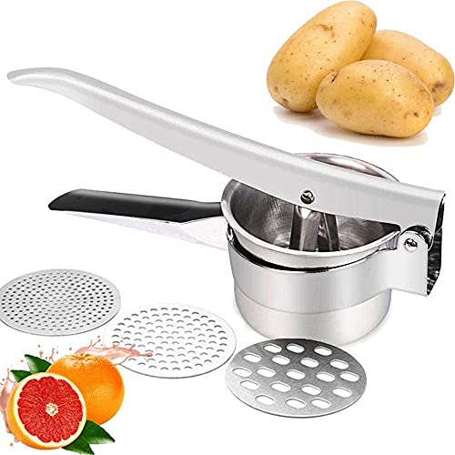 Triturador Patatas Acero Inoxidable, Prensa para Patatas, Prensa Patatas Manual, Acero Inoxidable Profesional Machucador con 3 Discos Intercambiables para Frutas, Verduras, Comida Para Bebés