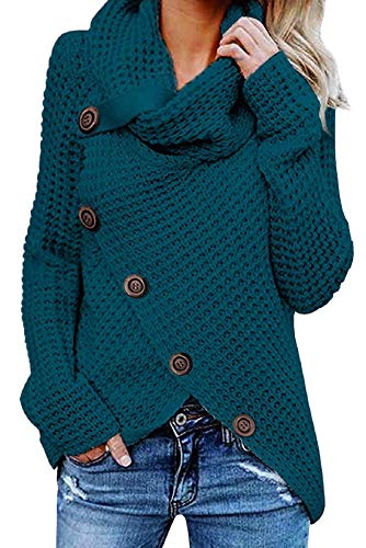 Tuopuda Jerseys De Punto para Mujer Cuello de Tortuga Manga Larga Suelto Prendas de Punto Suéter Irregular Jerséis Collar de la Pila Tops Sudadera Casual Tallas Grandes Suéter Suelta(Azul,XL)