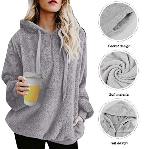 Tuopuda Sudadera Mujer con Capucha Hoodie Caliente y Esponjoso para Otoño Invierno Talla Grande Tops con Cremallera Pullover Suelto Mujer Sudadera Borreguito Suéter Jersey (Gris Claro, XL)