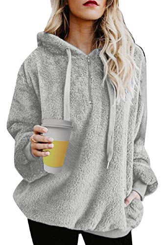 Tuopuda Sudadera Mujer con Capucha Hoodie Caliente y Esponjoso para Otoño Invierno Talla Grande Tops con Cremallera Pullover Suelto Mujer Sudadera Borreguito Suéter Jersey (Gris Claro, XL)