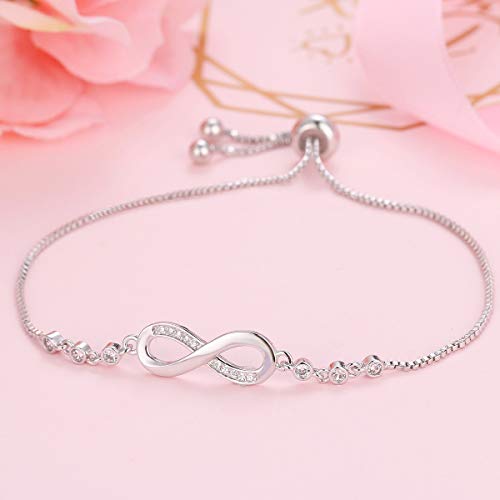 Tusuzik Infinito Simbolo Pulsera para Mujer Plata de Ley 925 Chapado en Or Blanco Pulsera para Niña Infinito Corazón Pulsera de Zirconia Cúbica