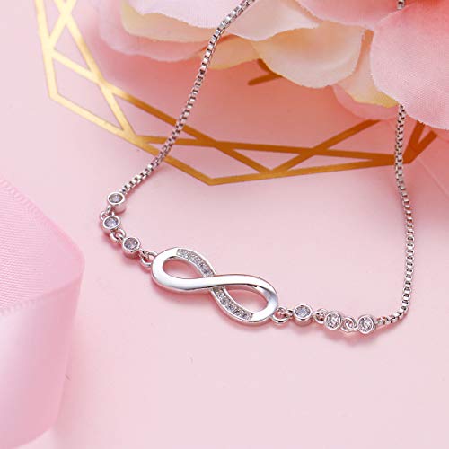 Tusuzik Infinito Simbolo Pulsera para Mujer Plata de Ley 925 Chapado en Or Blanco Pulsera para Niña Infinito Corazón Pulsera de Zirconia Cúbica