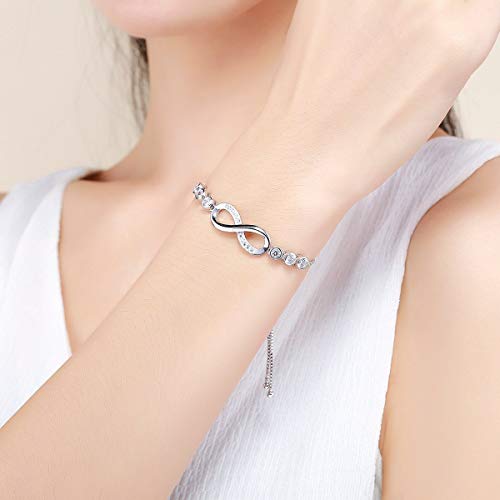 Tusuzik Infinito Simbolo Pulsera para Mujer Plata de Ley 925 Chapado en Or Blanco Pulsera para Niña Infinito Corazón Pulsera de Zirconia Cúbica