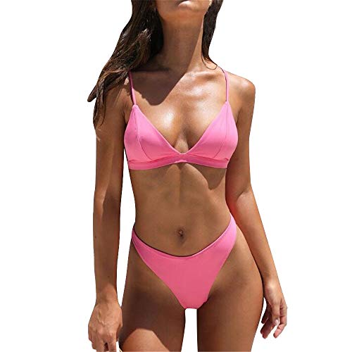 TYTUOO - Bikini de dos piezas de color sólido para mujer, sujetador acolchado extraíble, tanga, tanga, bikini Rosa B-rosa S