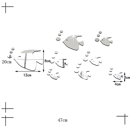 ufengke® 8 Piezas 3D Peces Tropicales Efecto de Espejo Pegatinas de Pared Diseño de Moda Etiquetas del Arte Decoración del Hogar Plata