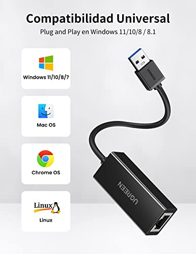 UGREEN Adaptador de Red USB 3.0 a Gigabit Ethernet, Adaptador USB a Ethernet RJ45 a USB Tarjeta de Red 1000Mbps Compatible con Consola Switch, Xiaomi Mi Box S/3/2, Macbook, Surface Pro, Raspberry Pi4