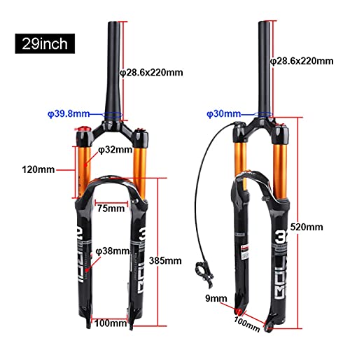 Uioy Horquilla de suspensión para Bicicleta de montaña XC, Amortiguador de Horquilla Delantera neumática MTB de 26/27.5/29 Pulgadas, Recorrido de 120 mm (Color : Straight Manual, Size : 29 Inch)