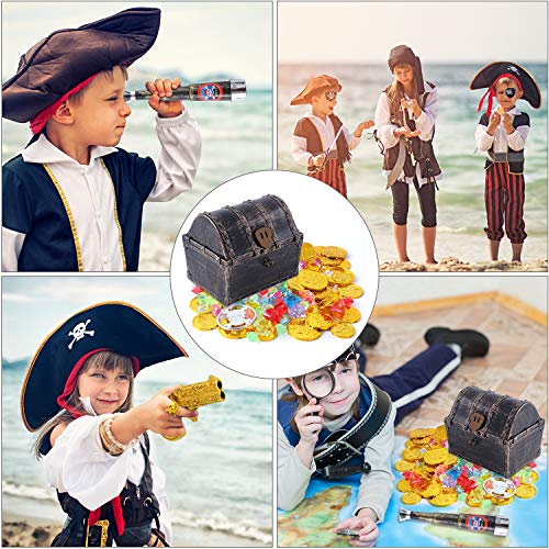 Ulikey Monedas de Oro Juguete Pirata Niños, Monedas Doradas de Plástico de Pirata, Pirata del Tesoro y Cofre del Tesoro para la Caza Juego Decoración Partido Regalo Cofre del Tesoro