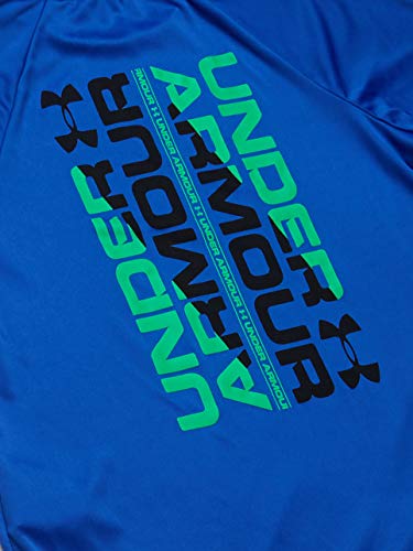 Under Armour Boys' Tech Branded Tape Back Hit Short Sleeve T-Shirt, Versa Blue (486)/Vapor Green, Youth Large