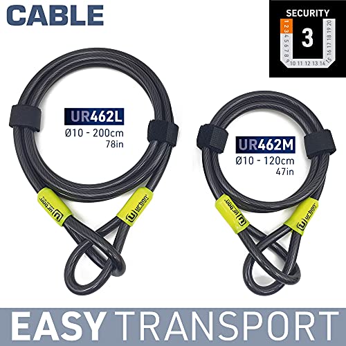 URBAN UR462M Cable de Seguridad Acero Flexible Universal para Bici o Patinete Ø 10mm 120cm Antirrobo Doble Lazo para Fijar Ruedas Sillín Bicicleta Multifunción, Unisex-Adult, Negro, 120 cm