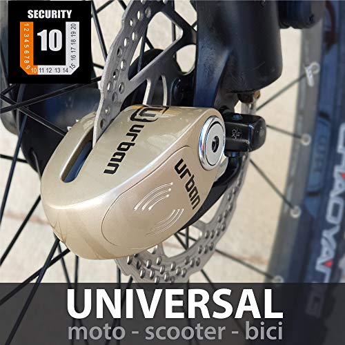 URBAN UR906M Candado Antirrobo Moto Disco Alarma 120 dB, ON/OFF Sonido, 6mm Universal, Moto Scooter Bici eléctrica Patinete, Impermeable